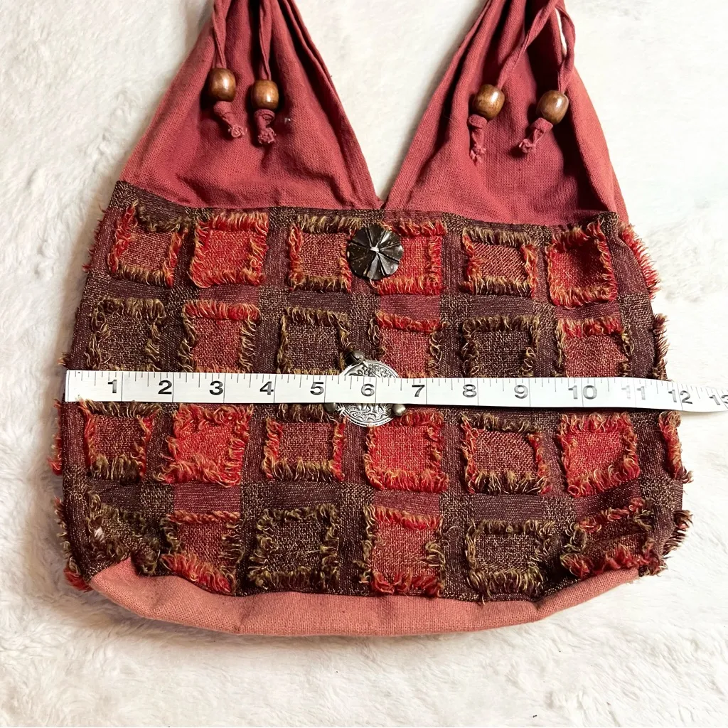 Bohemian Red & Brown Patchwork Shoulder Bag w/ Silver Elephant & Beaded Tassels - Image 7