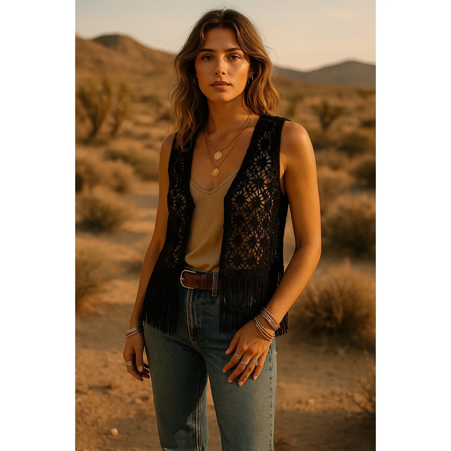 Vintage And How Paris NY Black Crochet Fringe Vest Boho 70s Western Sz M Size M - Image 2