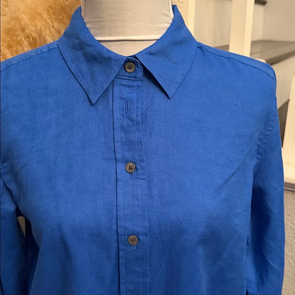 J. Crew Linen-Blend Button-Up Blue Shirt Size Small - Image 3