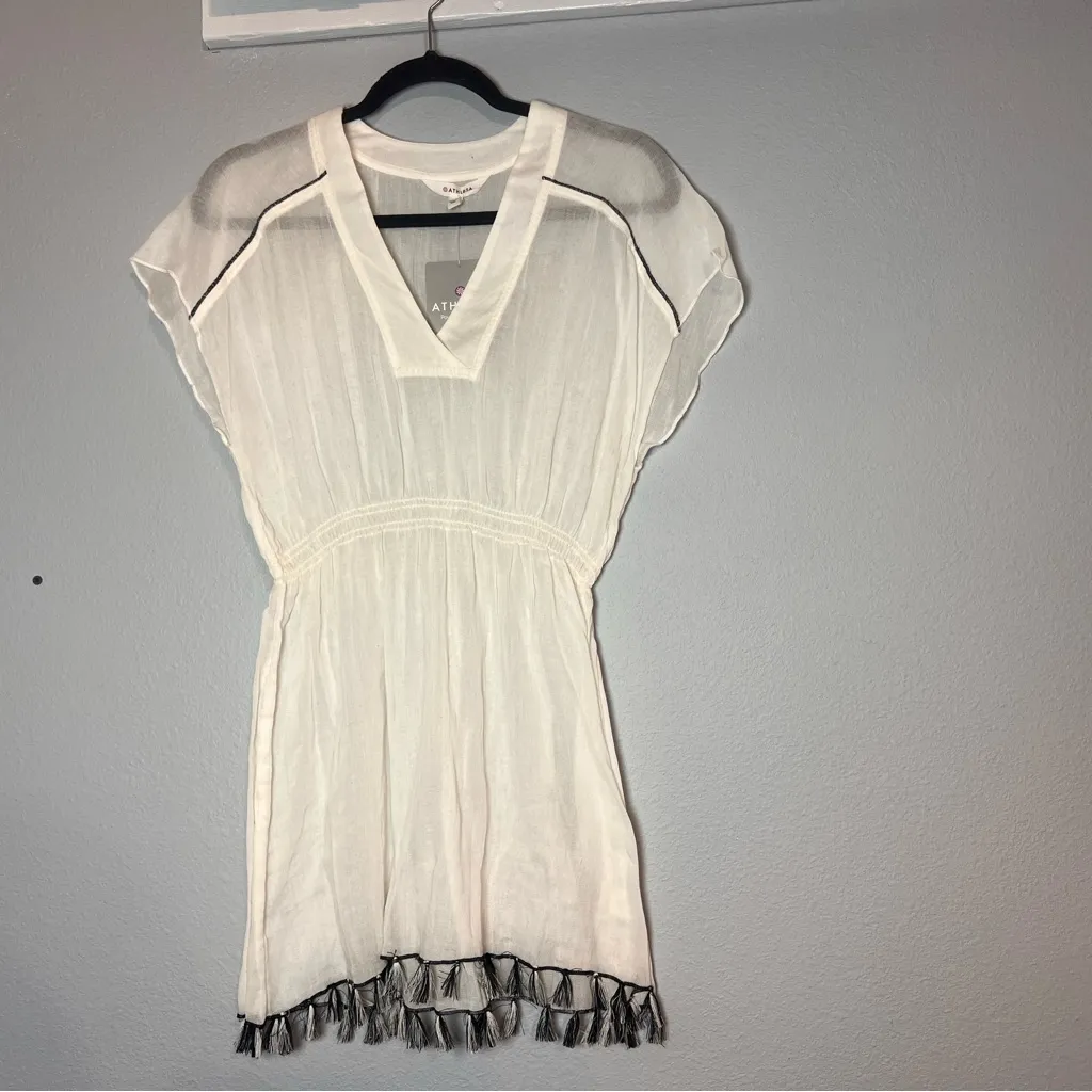 Athleta Swim Cover Up Cream Black Tassles Deep V Size XXS NWT - Image 5