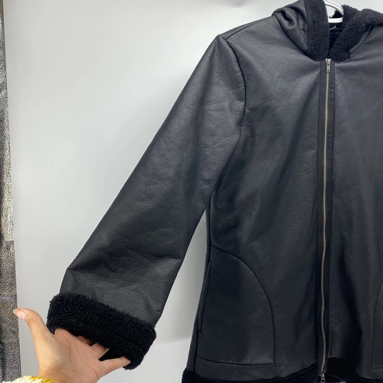 Bryn Walker faux leather fleece lined full zip hooded coat minimalist size S - Image 2