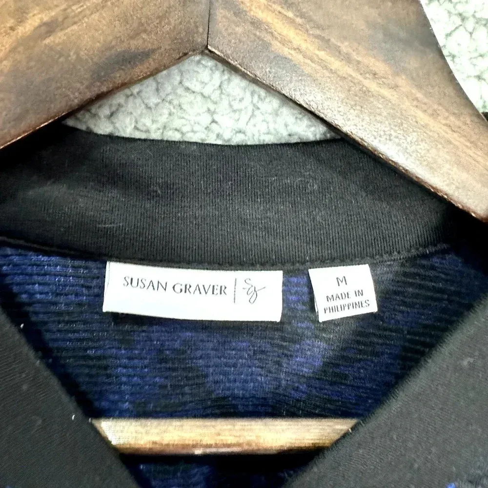 Susan Graver Bomber Jacket Womens‎ Medium Black Blue Floral Zip Lightweight Boho - Image 2