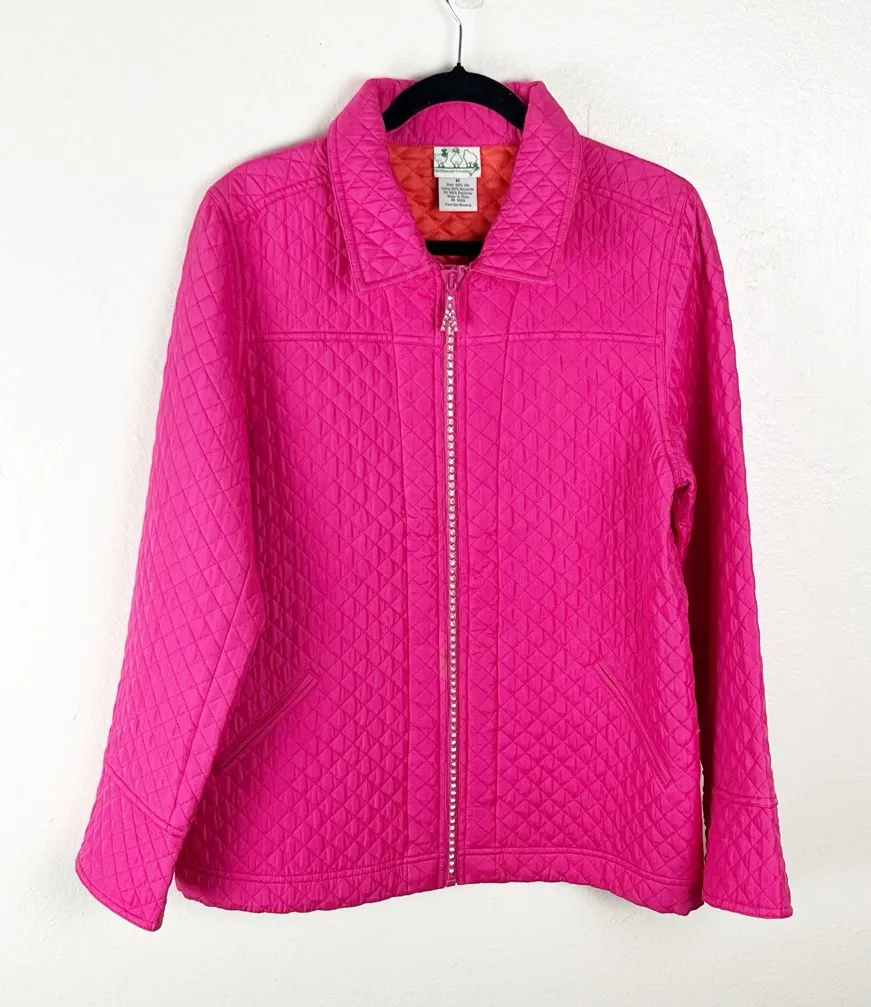 QUACKER FACTORY 100% Silk Pink Orange Rhinestone Zipper Quilted Jacket Medium - Image 1
