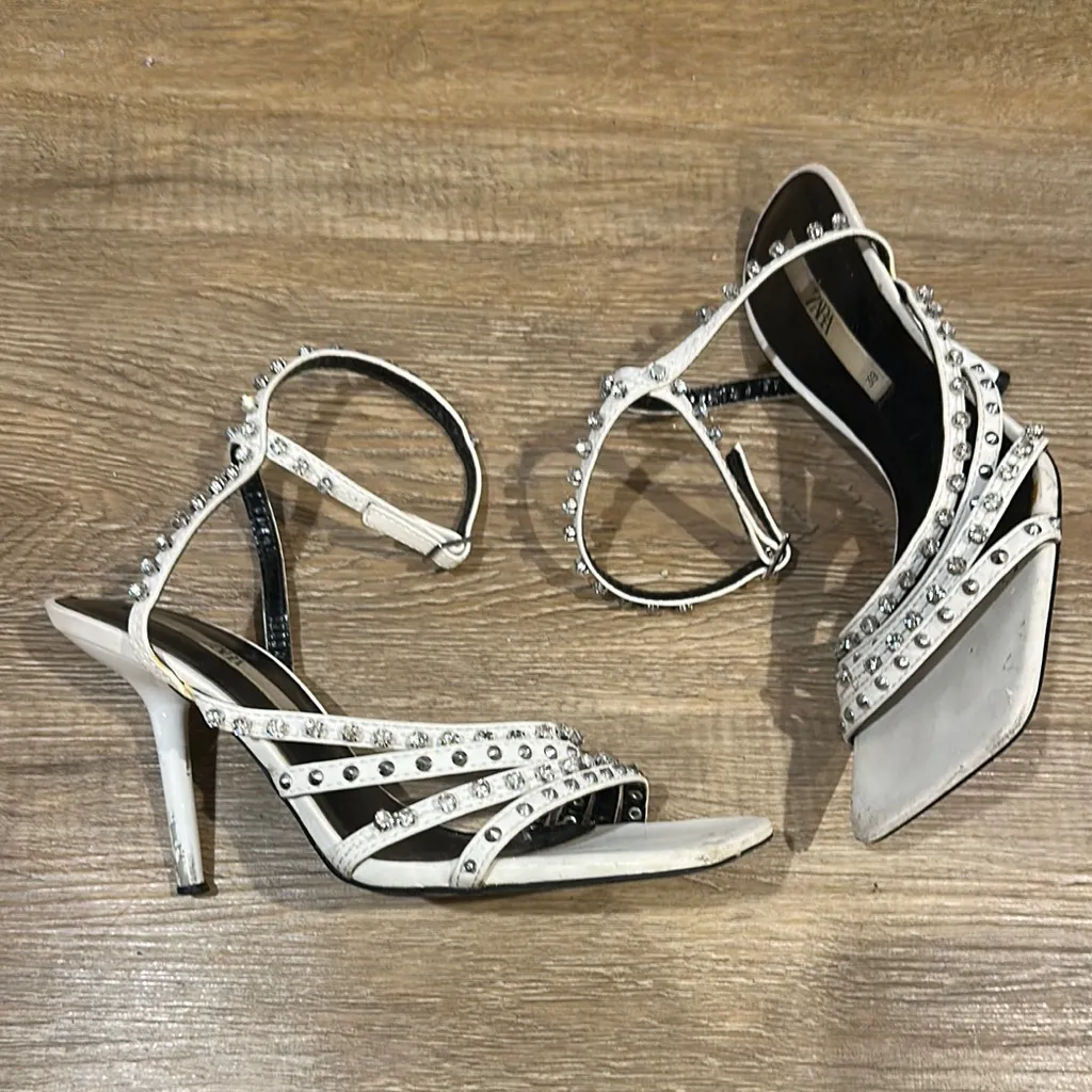 MOVING SALE Zara White Square Toe Strappy Studded Heels - Image 5