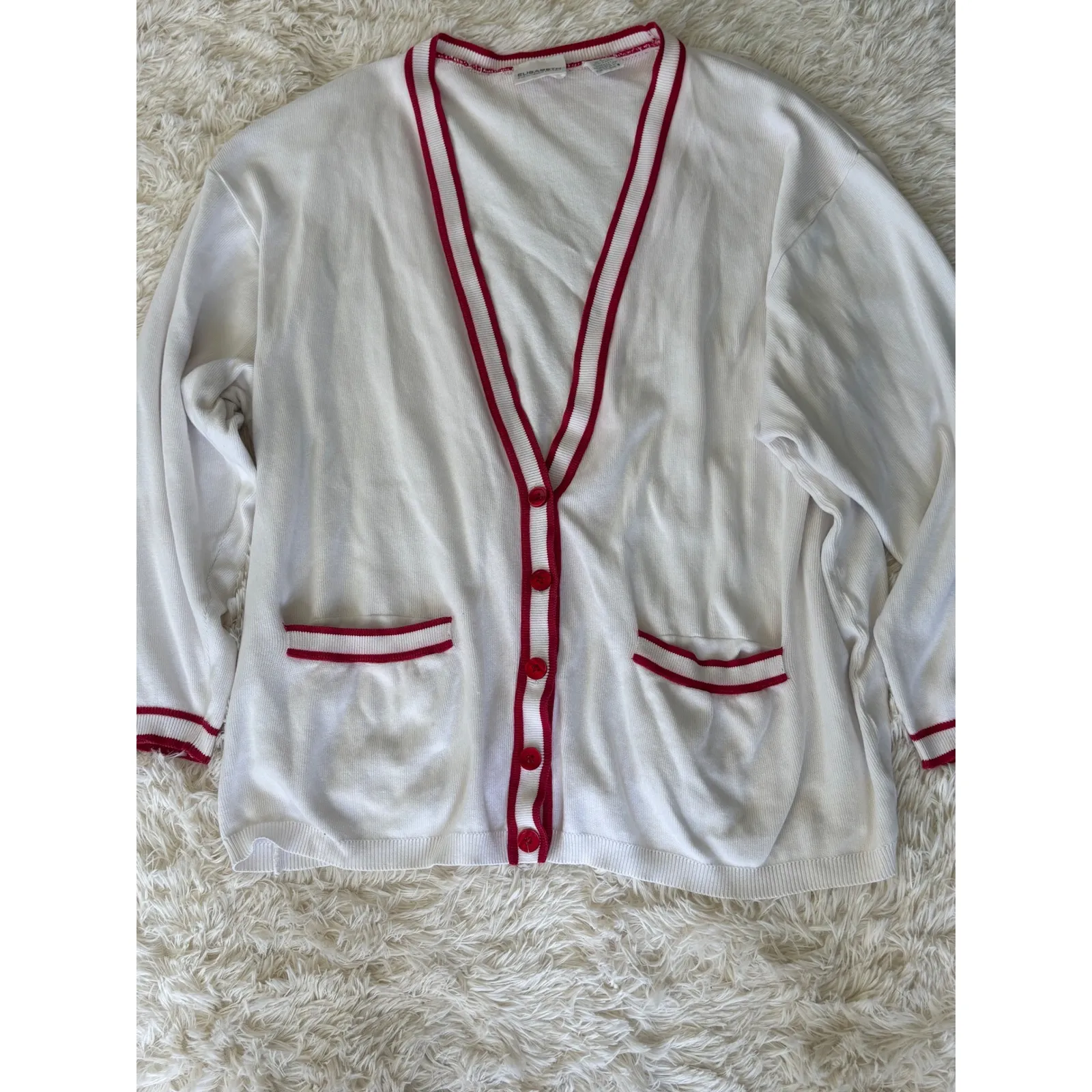 Elisabeth Liz Claiborne Vintage White Red Trim Oversized Cardigan‎ made N USA Size 4 - Image 2