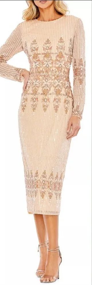 MAC DUGGAL 5576 Peach Embellished Long Sleeve High Neck Sheath Dress - Image 2