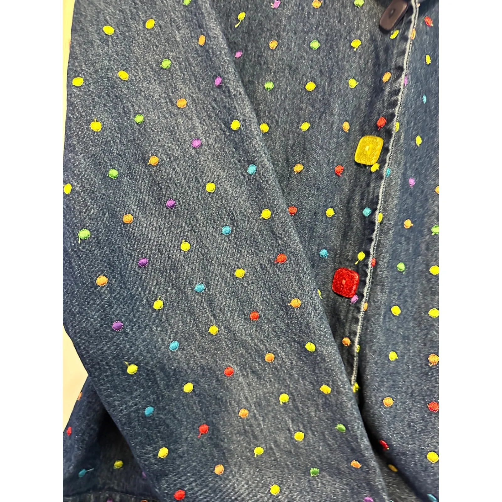 Keren Hart Denim Jacket Rainbow Polka Dot Square Button Up Jean‎ Top Large Blue - Image 6