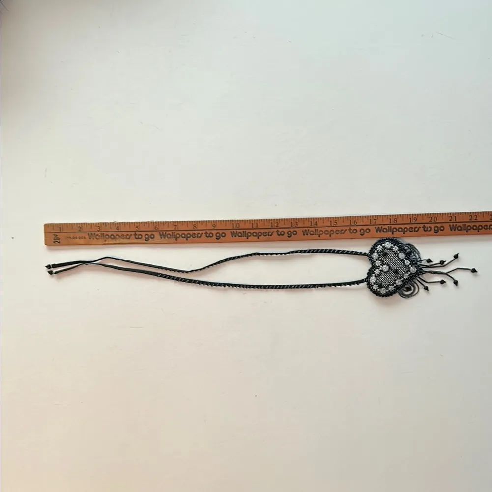 Vintage Handmade Black Heart Necklace silver embroidery and heart beads - Image 10