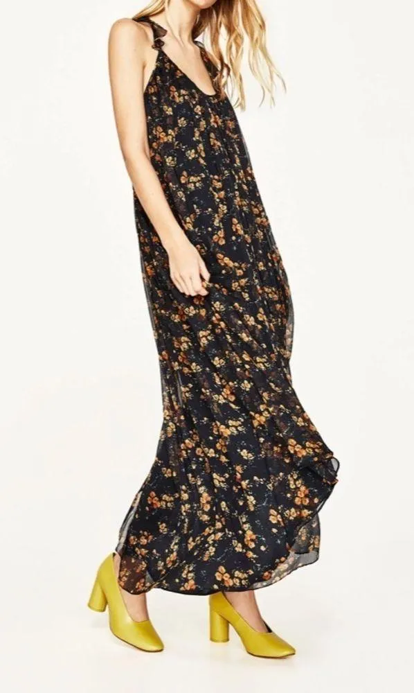 Zara Floral Sheer High Low Dress Halter Ruffles Size Small Orange Black - Image 5