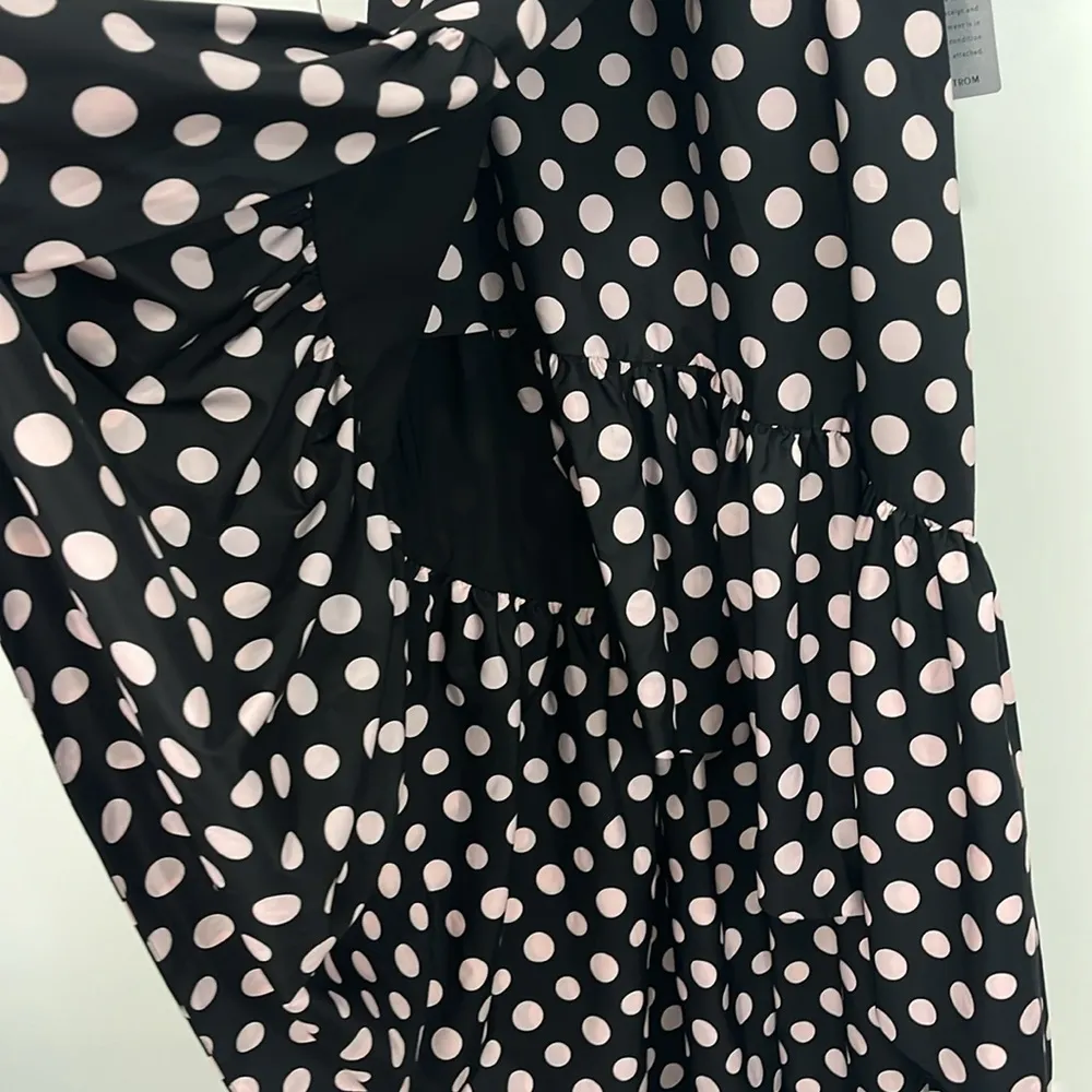 New Eliza J Size 2 Black, Pink Polka Dot Midi V-Neck Asymmetrical Hem Dress - Image 7