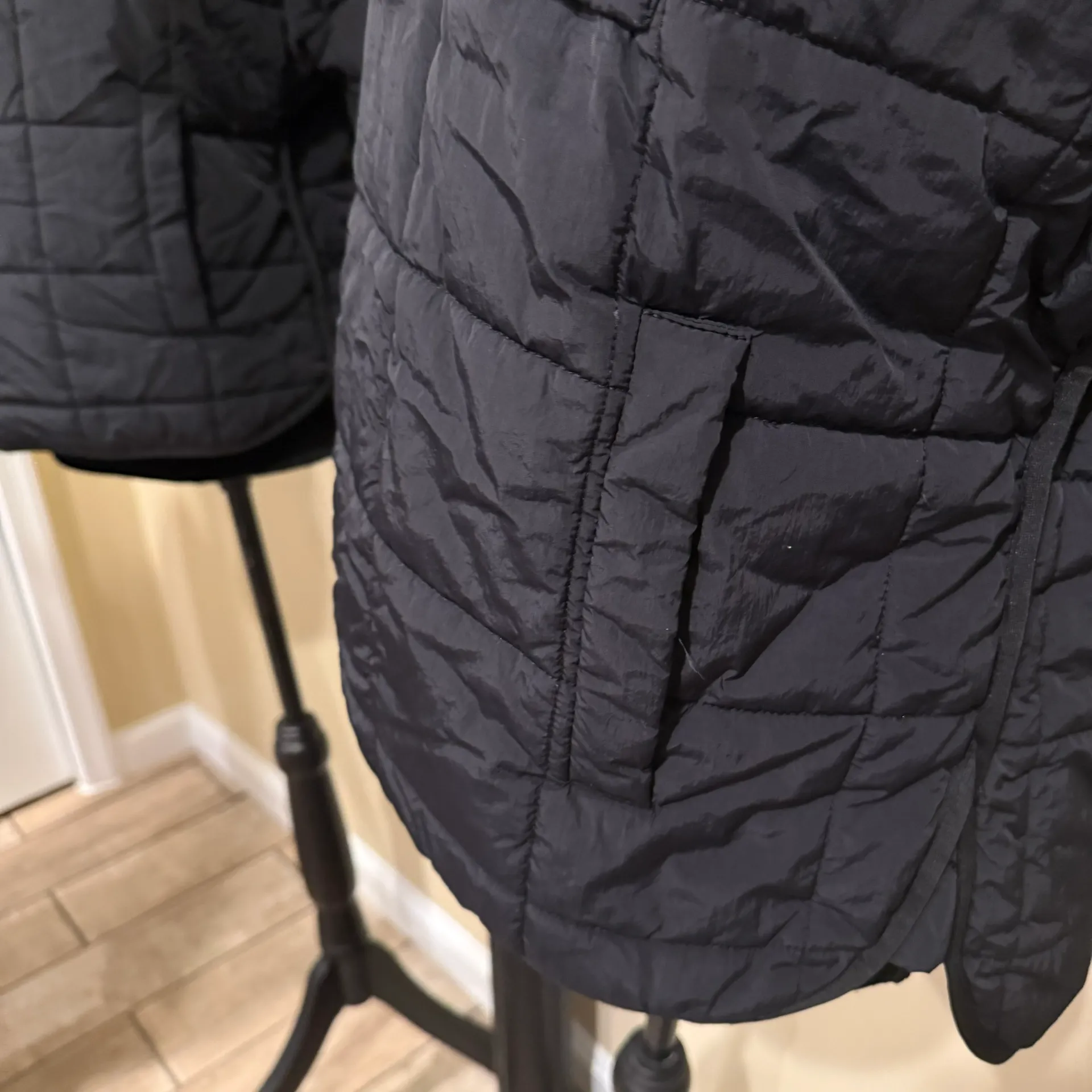 Quilted Hoodie Winter Jacket Ski Coat Parka Trench Bomber Mock Neck Oversized Top Black - Image 7