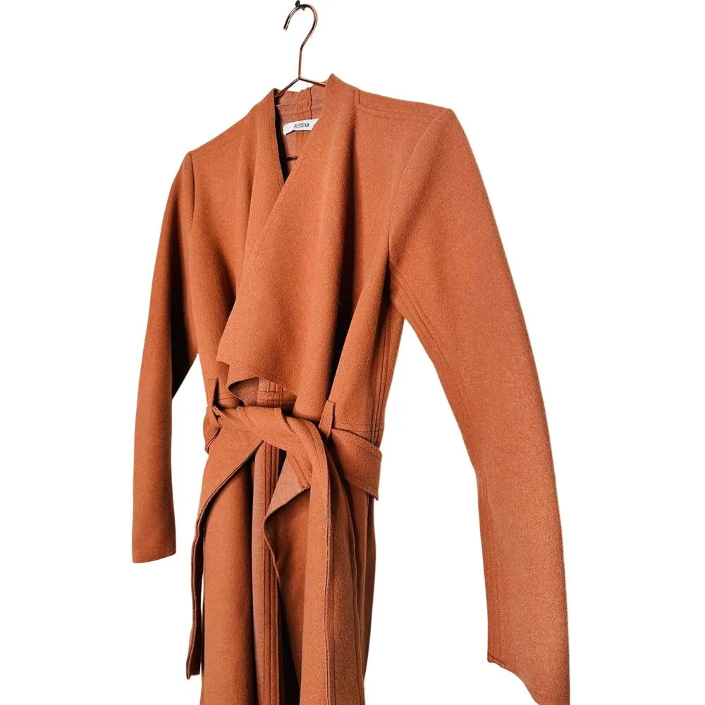 JUSTFAB Camel Brown Knit Side Pockets Tie Waist Drape Coat Size Small - Image 7