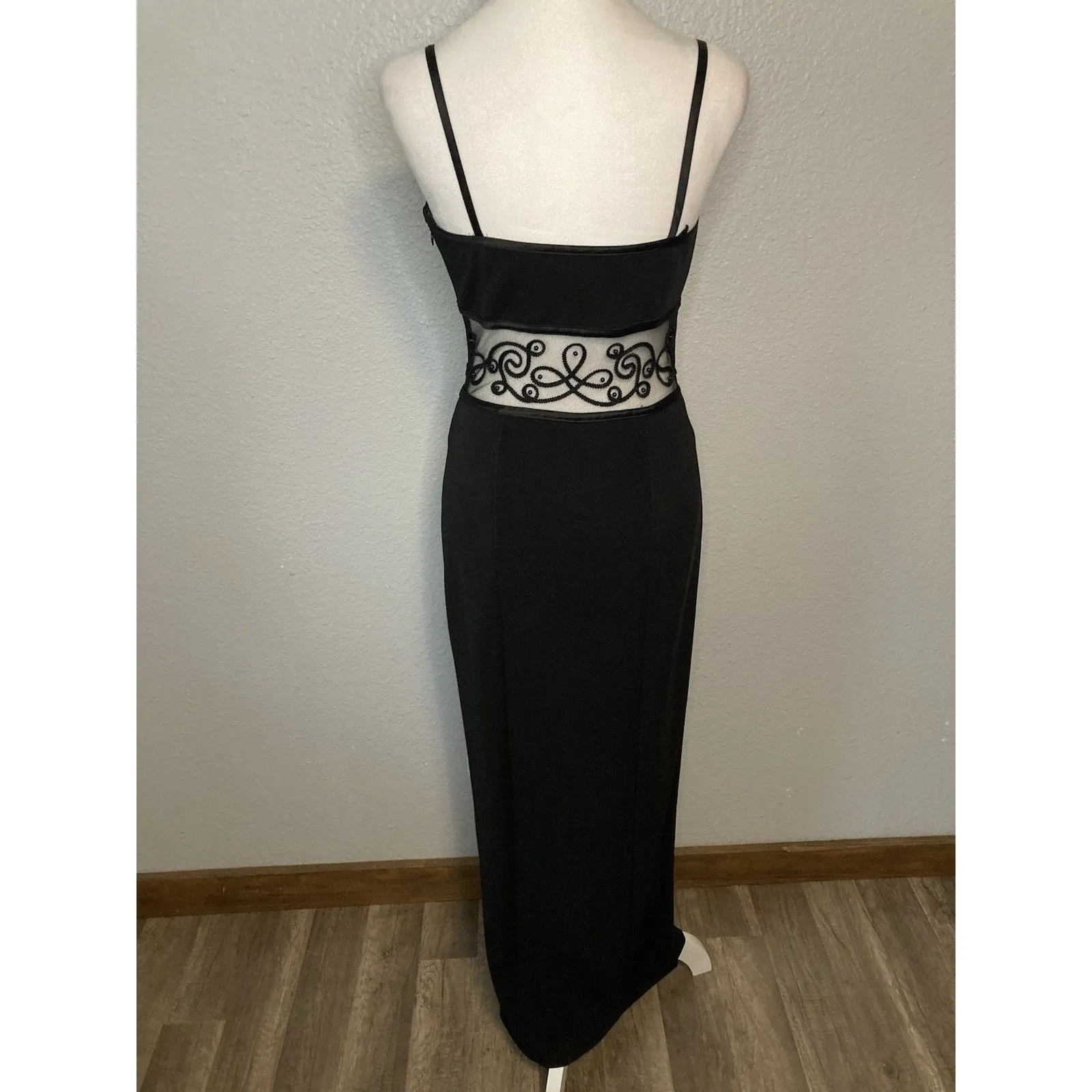 Vtg 90s Bari Jay Dress Black Maxi Slit Sheer Beaded Panel Evening Cocktail 5/6 - Image 8