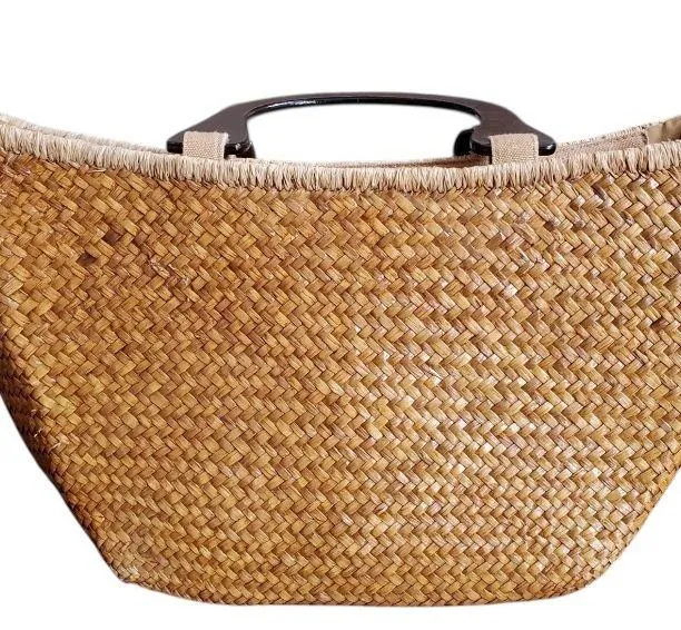 Vintage 2004 Cappelli Straworld basket weave Safari animal Purse Wood Handles Tan - Image 7