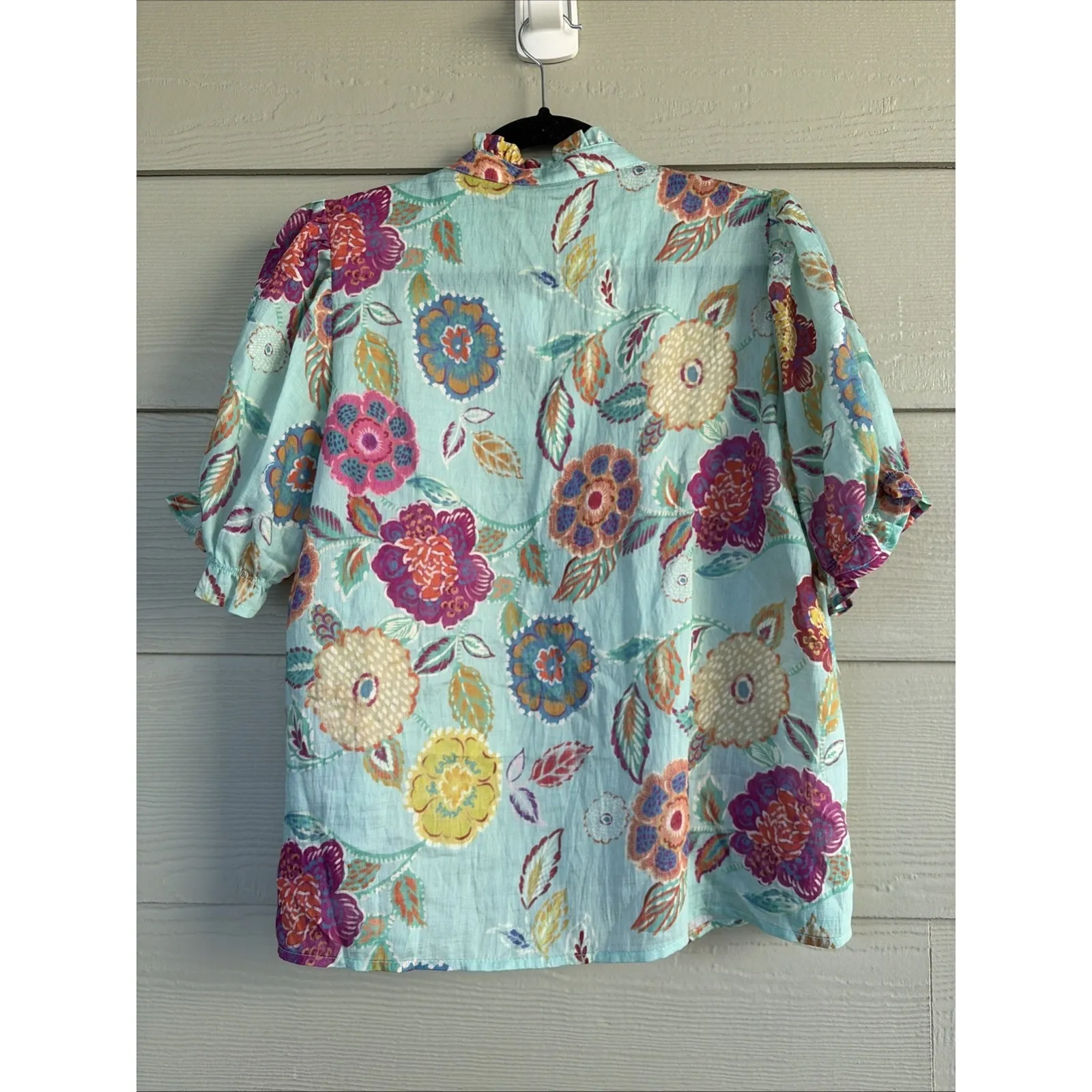 Finn Floral Flower Vneck Tencel Nylon Linen Blend Blouse Top Shirt Small NEW NWT Blue - Image 5