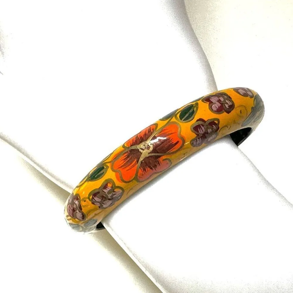 Yellow wooden floral hand painted bangle bracelet - Image 2
