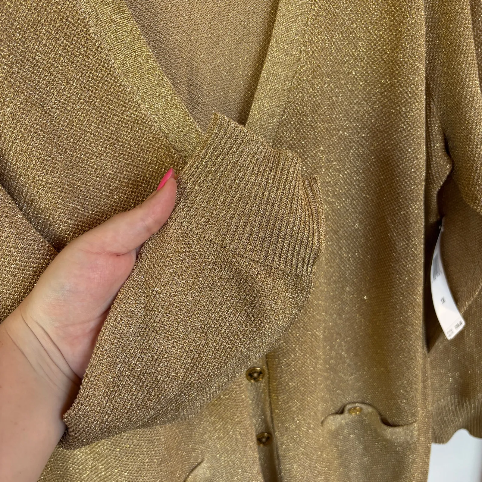 Lauren Ralph Lauren Gold Metallic Cardigan Sweater Silk Blend Holiday 1X NWT - Image 6