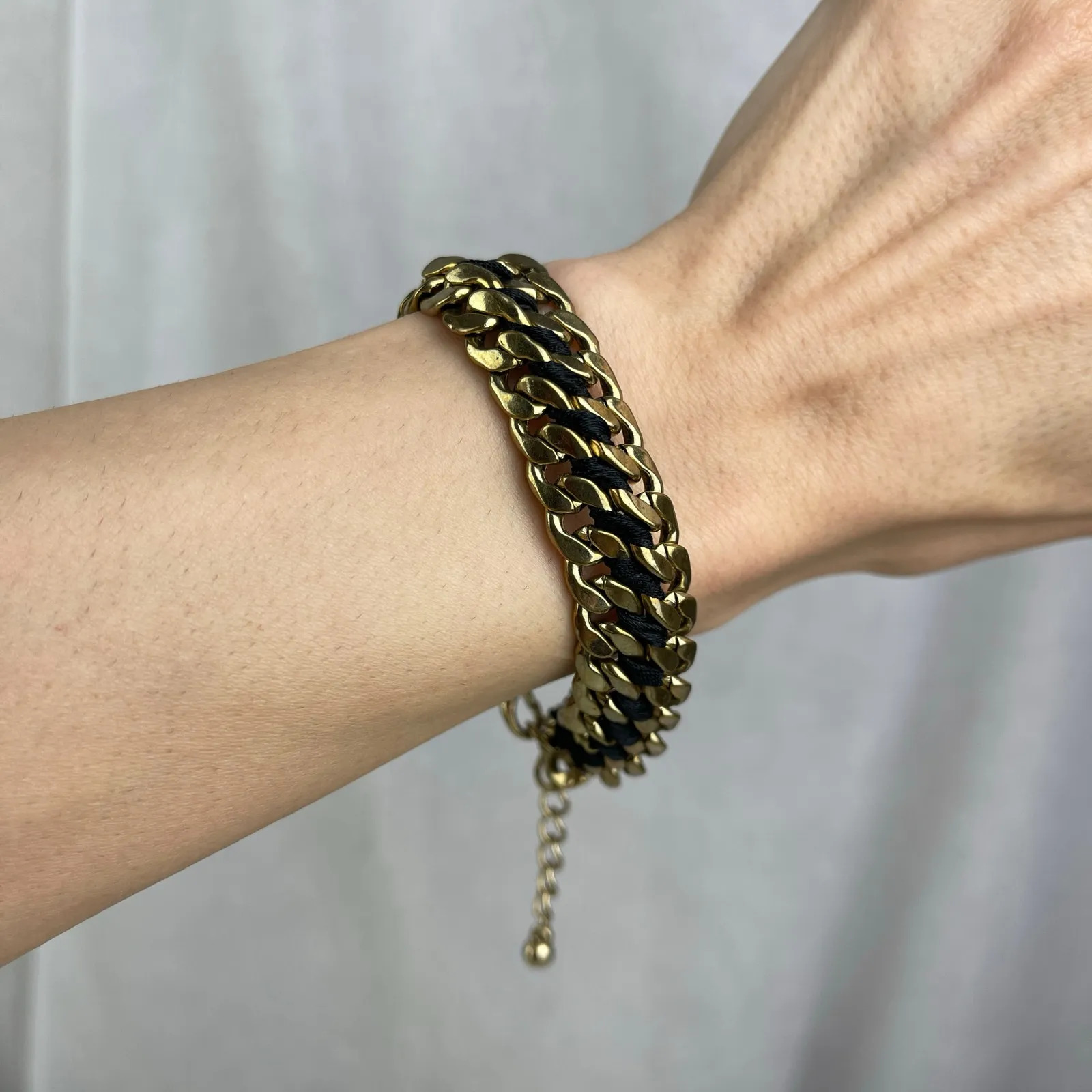 Gold Tone Chain Link Bracelet Black Braided Satin Cord Adjustable NWOT - Image 3