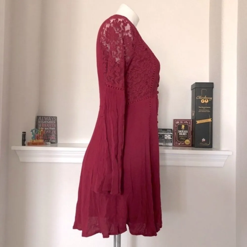 Altar'd State Mini Dress Cotton Lace Button Front Burgundy Size S MSRP $79.95 - Image 7
