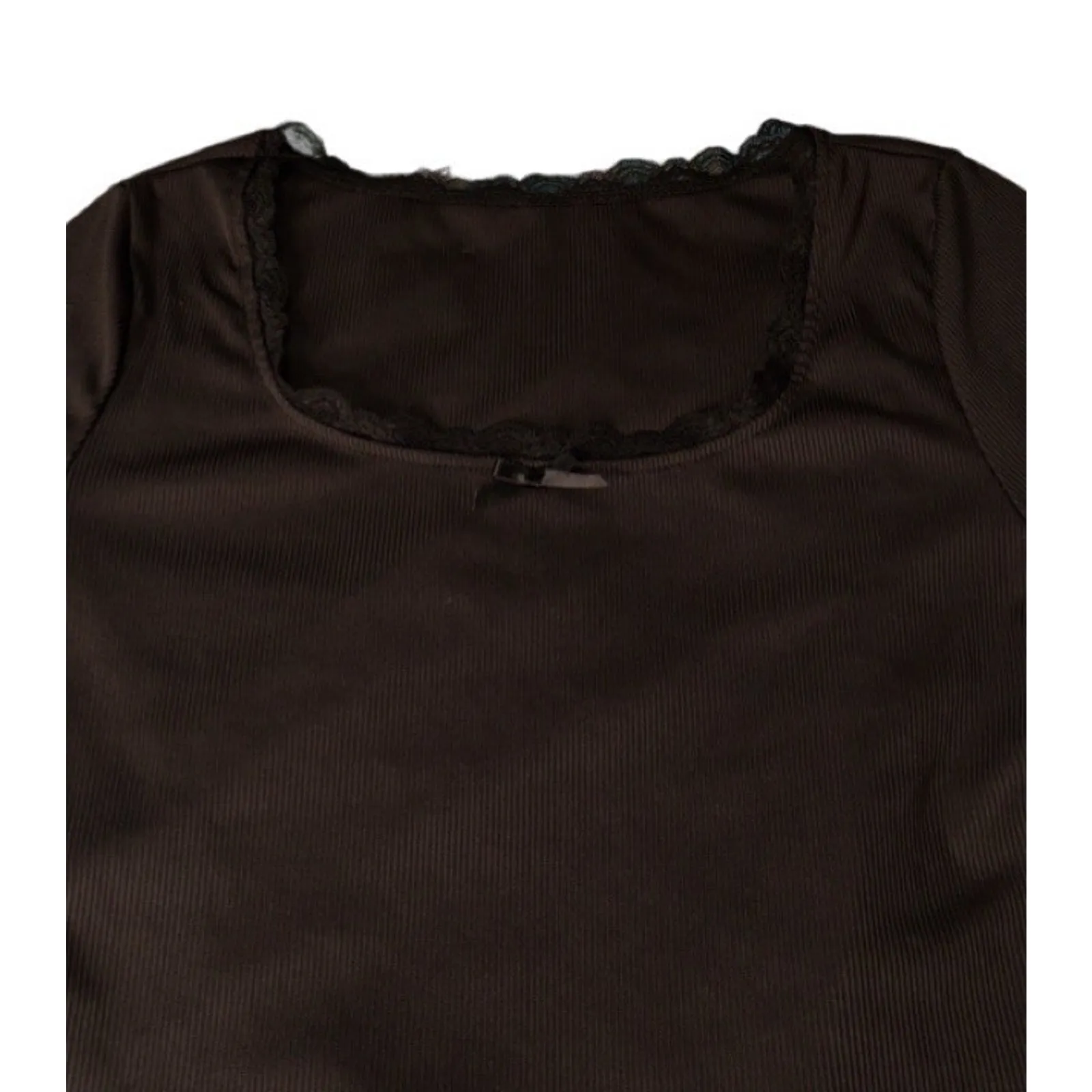 Black Top Crop Long Sleeve Bow Neck Size Large Lace Square Neck Ribbed Feminine - Image 2