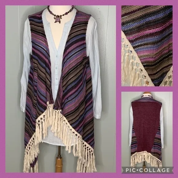 Umgee Purple Multicolor Stripe Crochet Knit Casual Vest Fringe BOHO S/M - Image 2