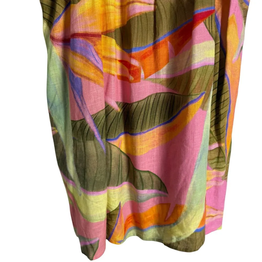 Kourt Pink Green Tropical Print Square Neck Ruffled Linen Mini Dress Size XS - Image 4