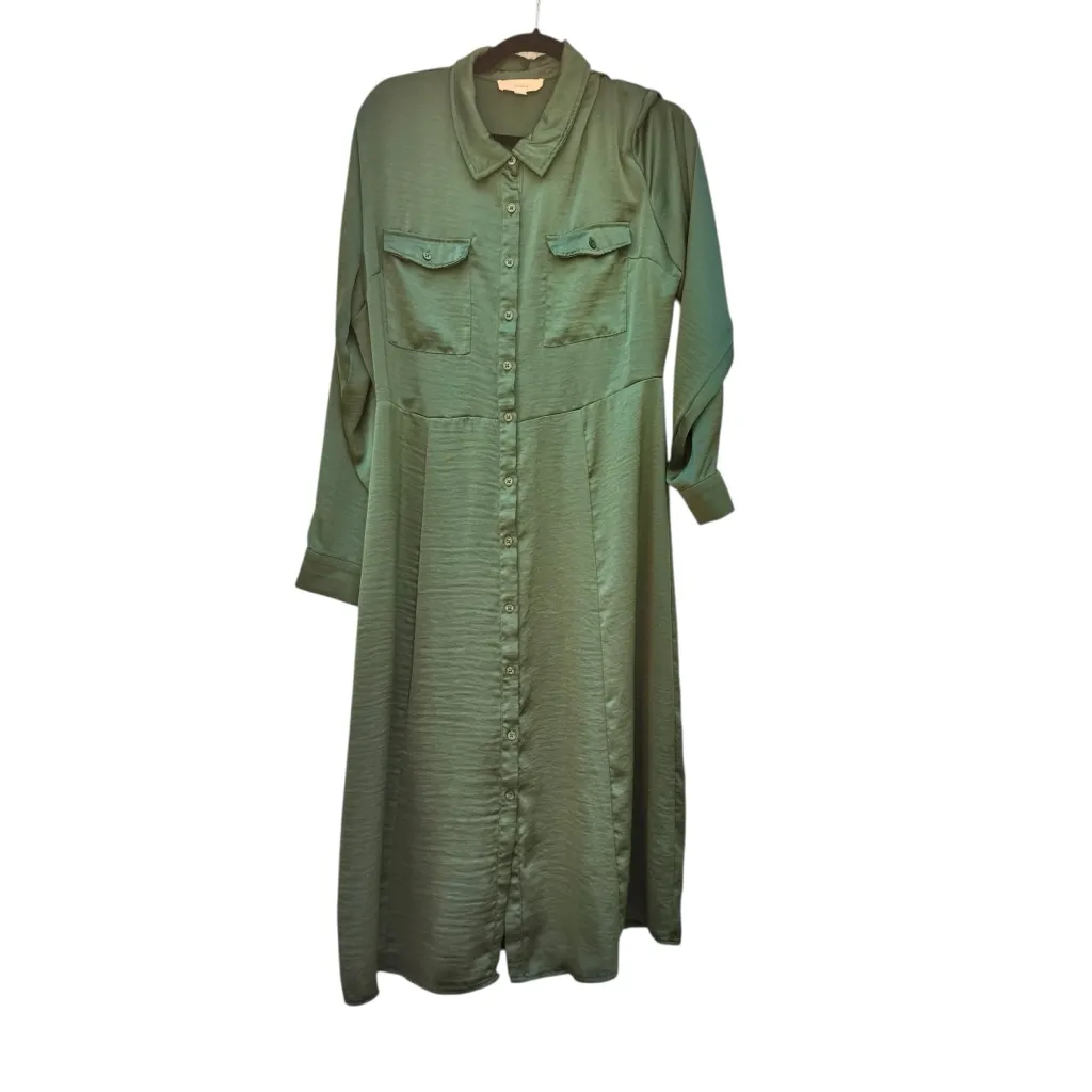 Lucky Brand Jewel Green Satin Shirt Dress XL Utility Long Sleeve Midi Pockets - Image 5