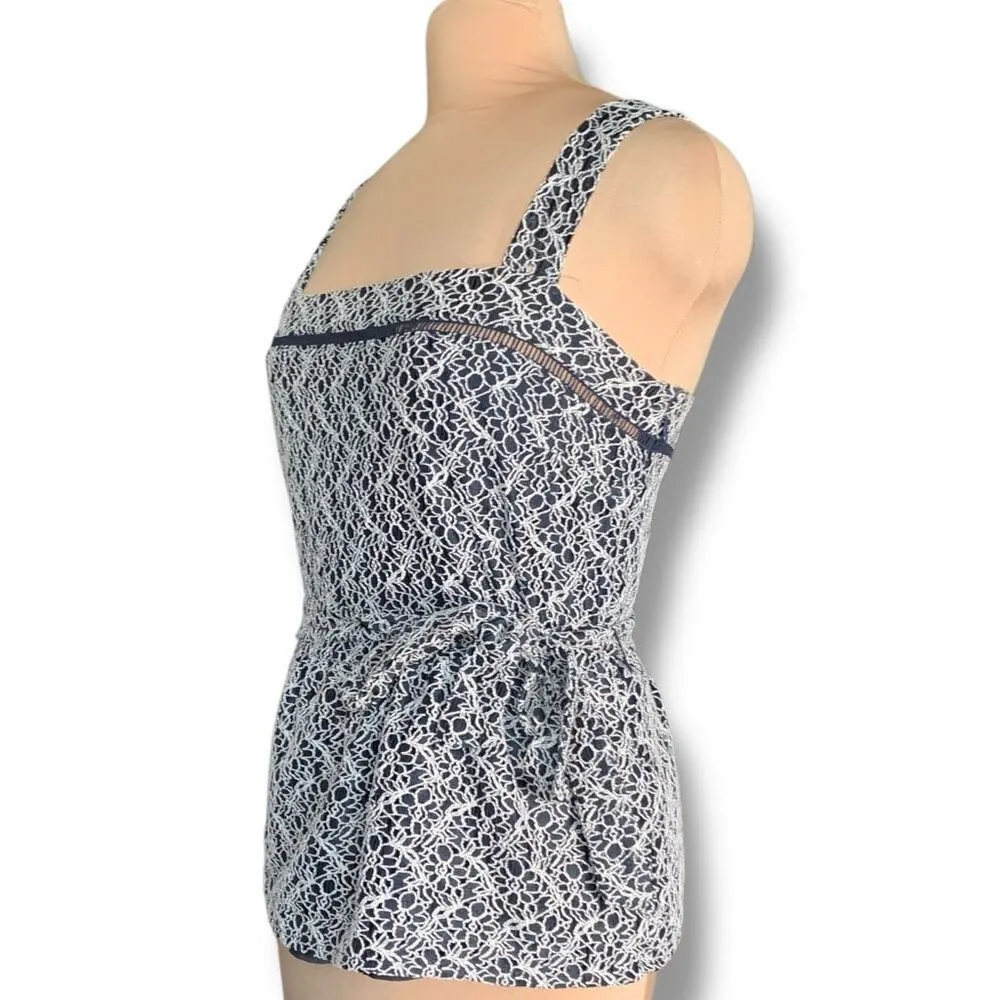 Banana Republic Tank Top Navy Blue Lace Peplum Square Neck Bow Tie Cutout Medium - Image 2