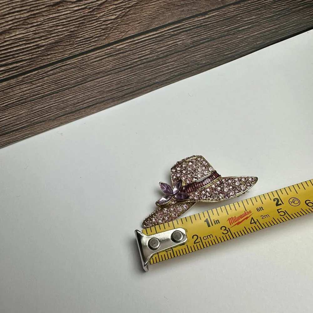 Monet Purple & Pink Rhinestone Hat Brooch Pin Gold Tone Signed - Image 5