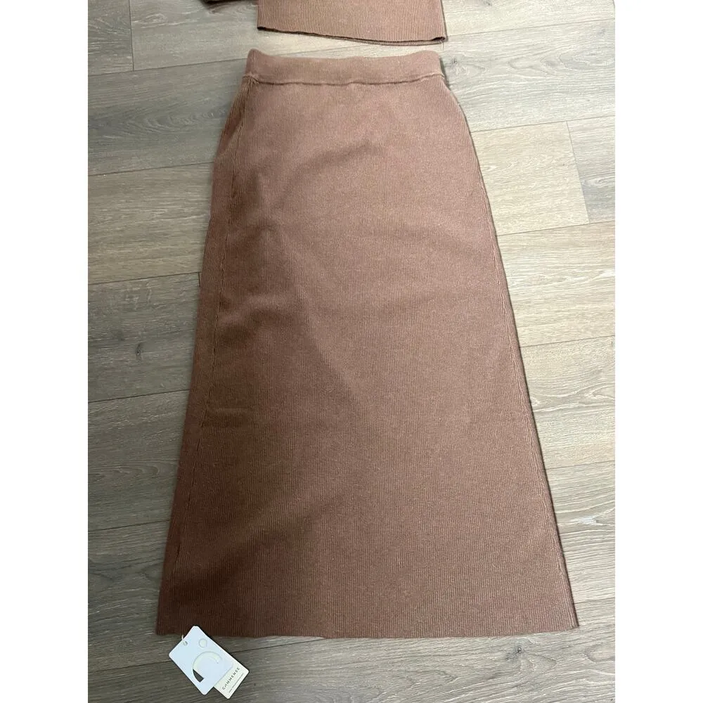Commense NEW Caramel Slit Maxi Knit Set Skirt and Top Size M Ribbed Asymmetrical Brown Size M - Image 5