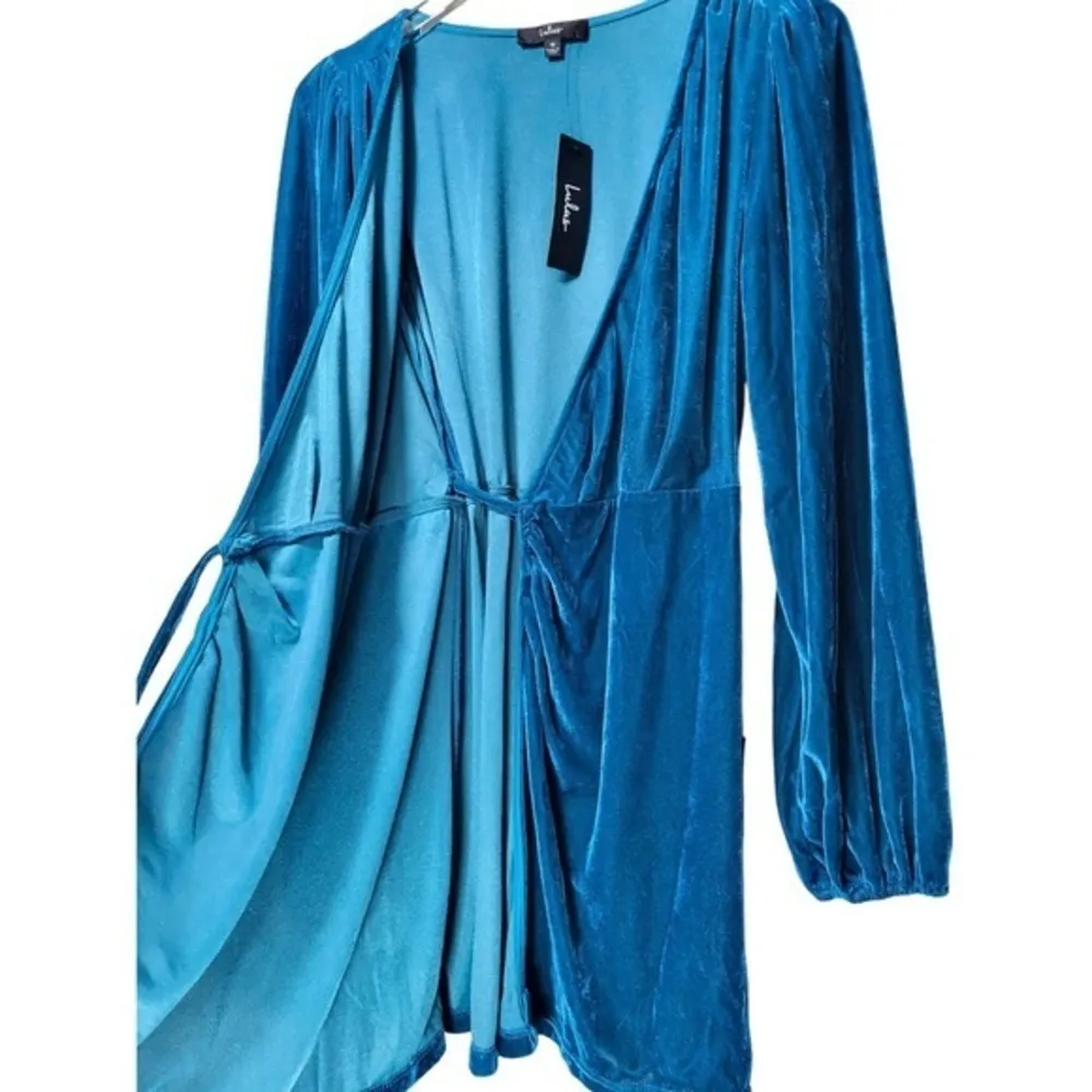 NWT Lulu’s Luxe To The Touch Velvet Long Sleeve Wrap Mini Dress In Teal Blue - Image 17
