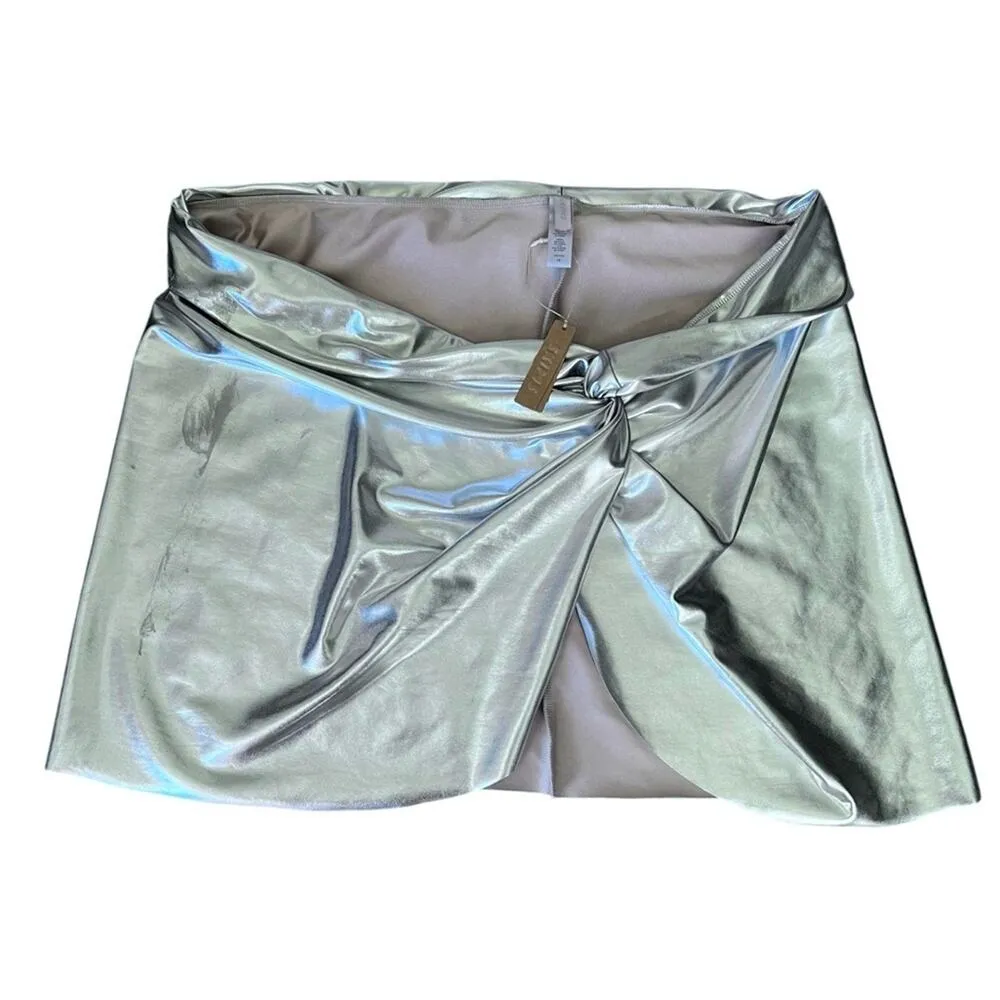 Skims Women’s Low Rise Metallic Twist Front Nickel Silver Mini Skirt Sarong 4X - Image 2