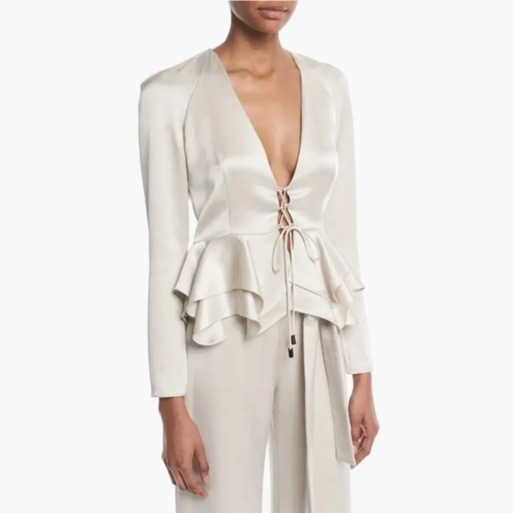 Alexis Reagan Lace-Up Ruffle Peplum Satin Blouse Womens M Top Romantic Coquette - Image 4