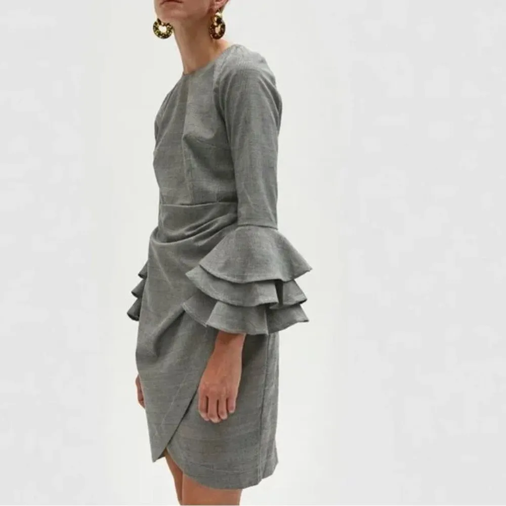Beulah Style Farrow State Gray Houndstooth Ruffle Sleeve Dress Size L - Image 2