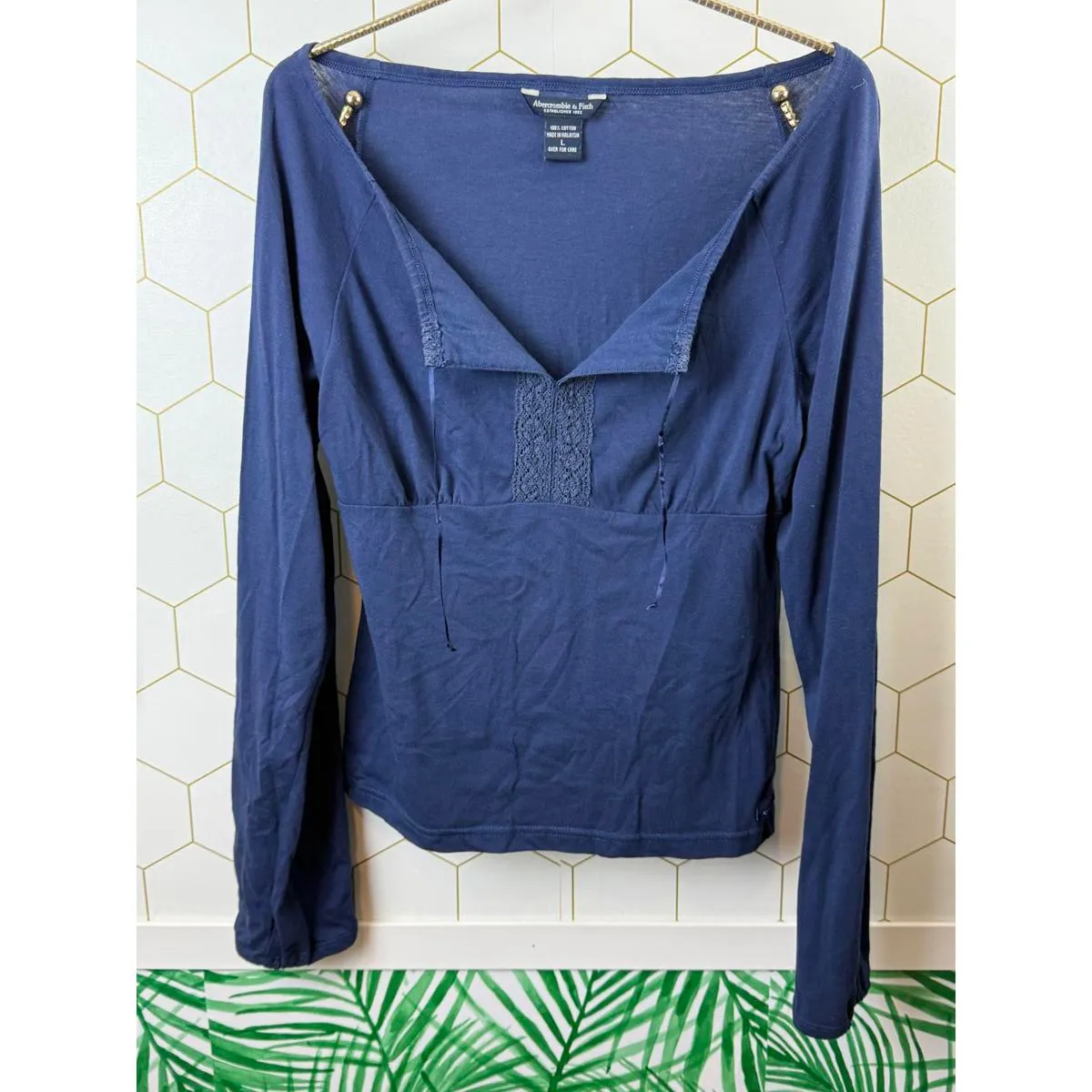 Abercrombie & Fitch Y2K Navy Babydoll V-Neck Top - Size - Large - Image 6