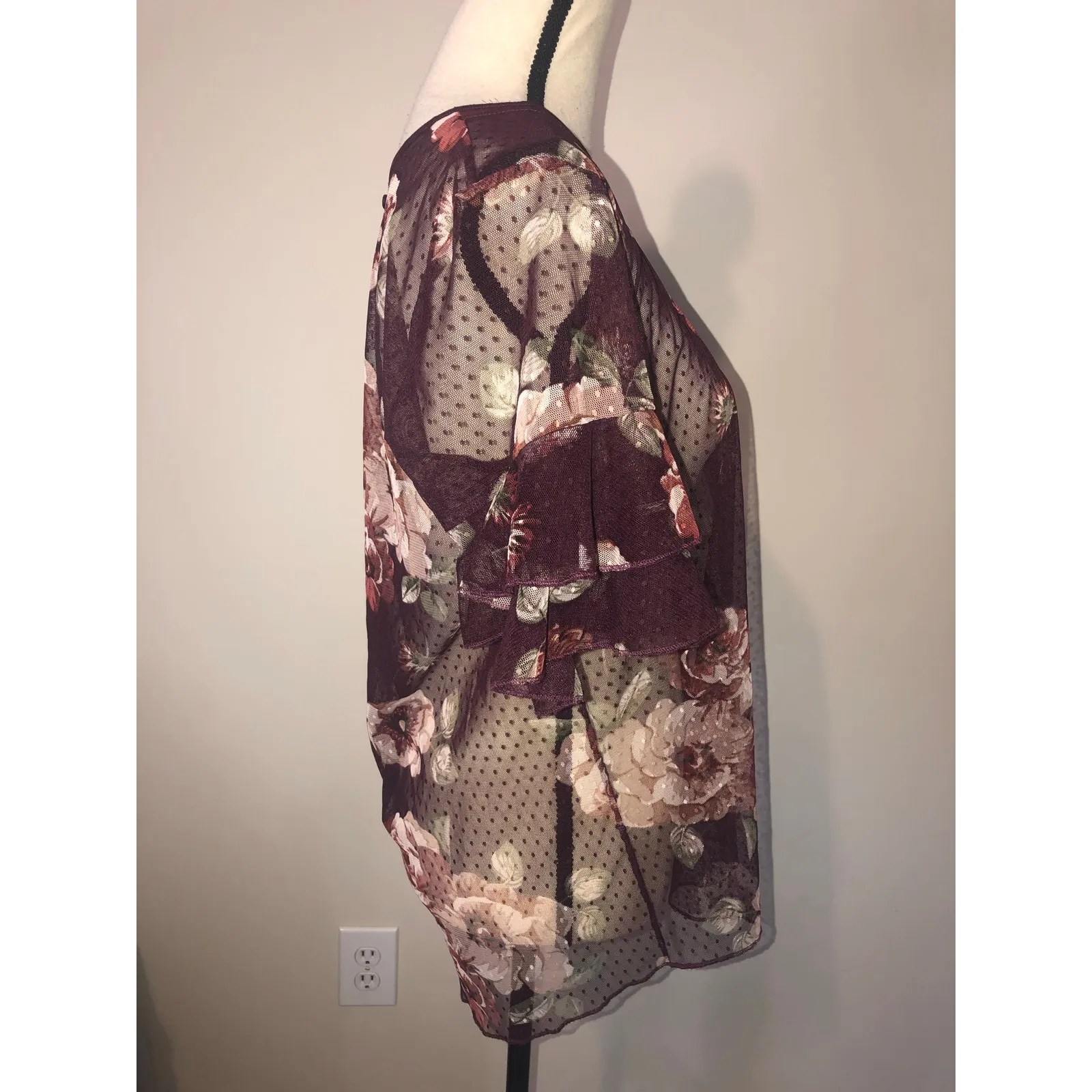 Whimsigoth Top Sheer Ruffle Floral Dot Wine Maroon Fairycore Size M/L Romantic Red Size M - Image 7