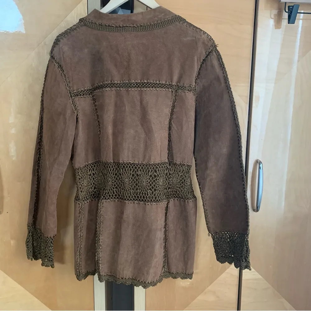 Y2k Pieced Brown Leather And Woven Coat Jacket Size Large Static festival - Image 3