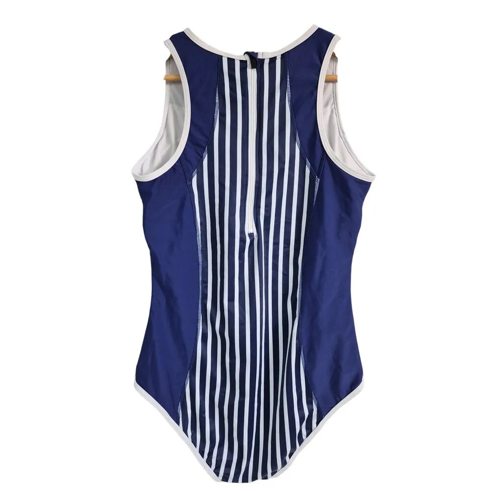 1PC Blue/White Bathing Suit w/ Stripes Zipper Down Back High Neckline Womens M/L Blue Size L - Image 2