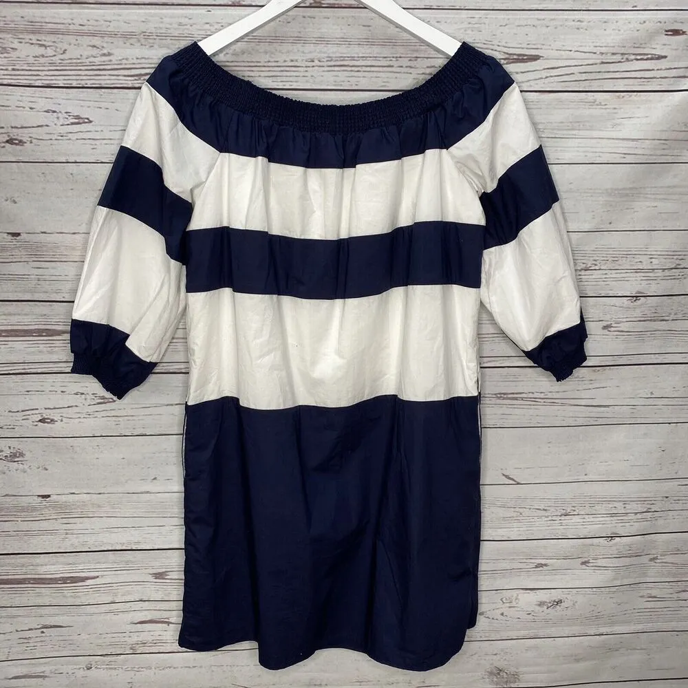 Crown & Ivy Navy Blue White Stripe Shift Dress S Off The Shoulder 3/4 Sleeves - Image 7