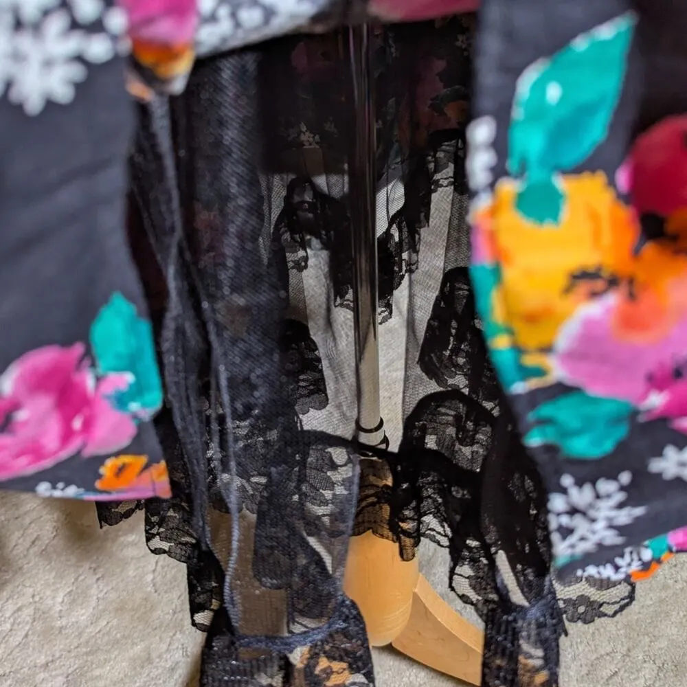 Vtg 1980s Byer Too Black Colorful Floral Off the Shoulder Drop Waist Dress Sz 8 - Image 4