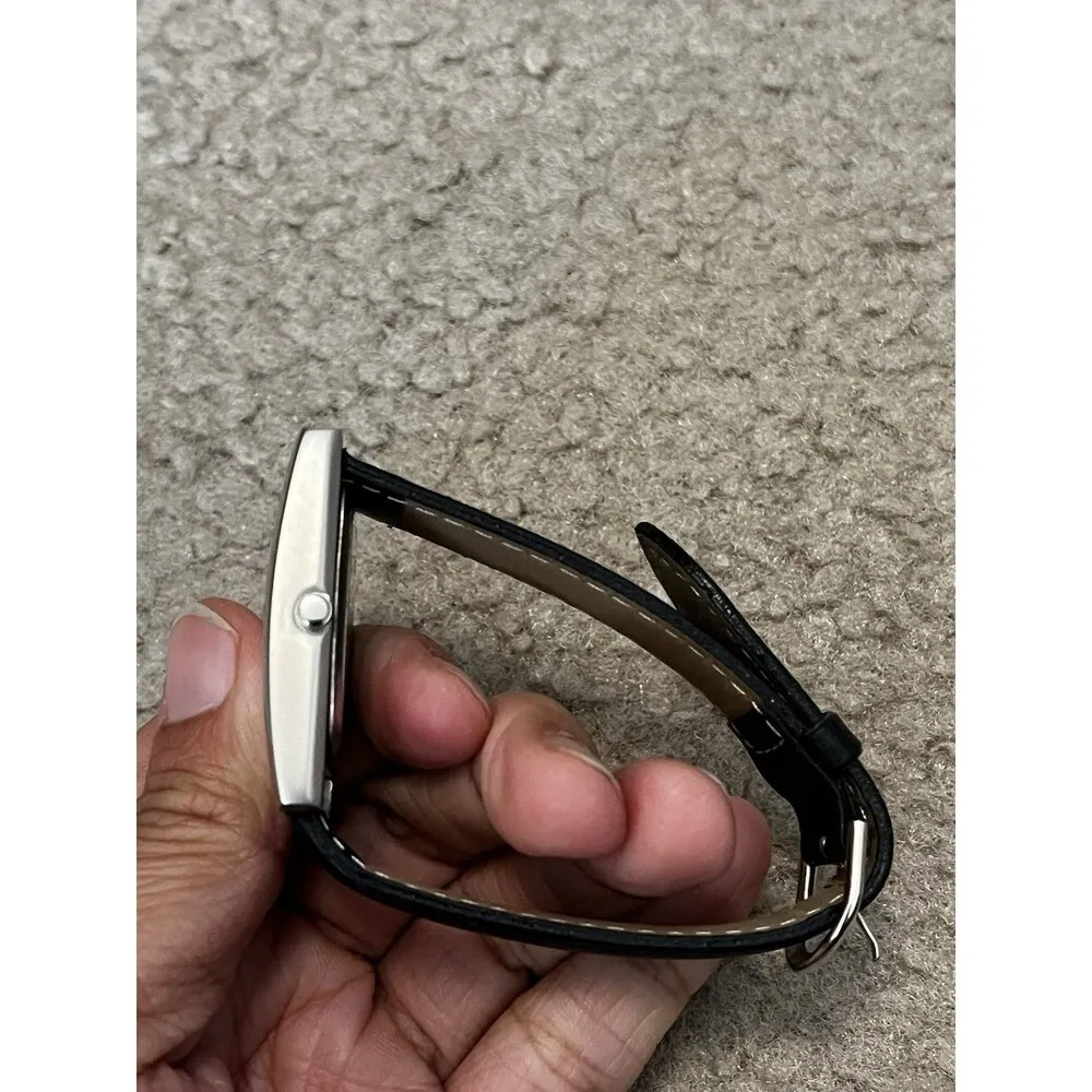 Geoffrey Beene Silver Tone Black Rectangle Faux Leather Wristwatch New Band - Image 3