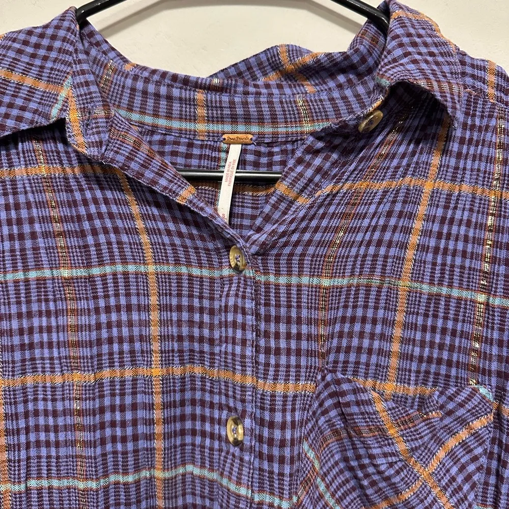 Free People Break My Stride Metallic Plaid Tunic Button-Up Shirt Violet Size S - Image 4