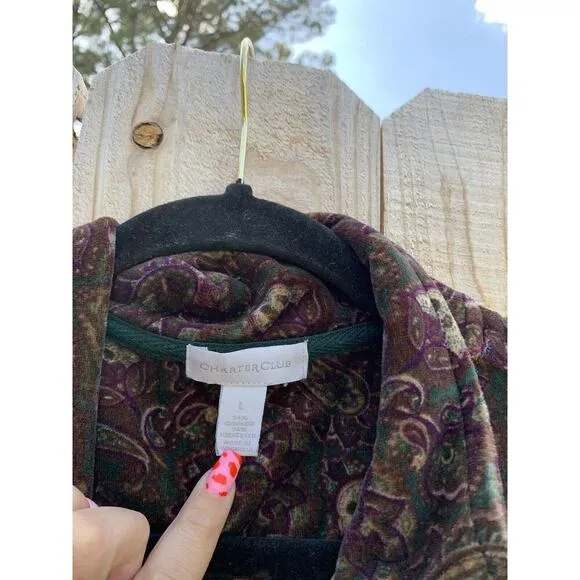 Women's Quilted Velour Vest large Charter Club green purple zip up‎ paisley - Image 4