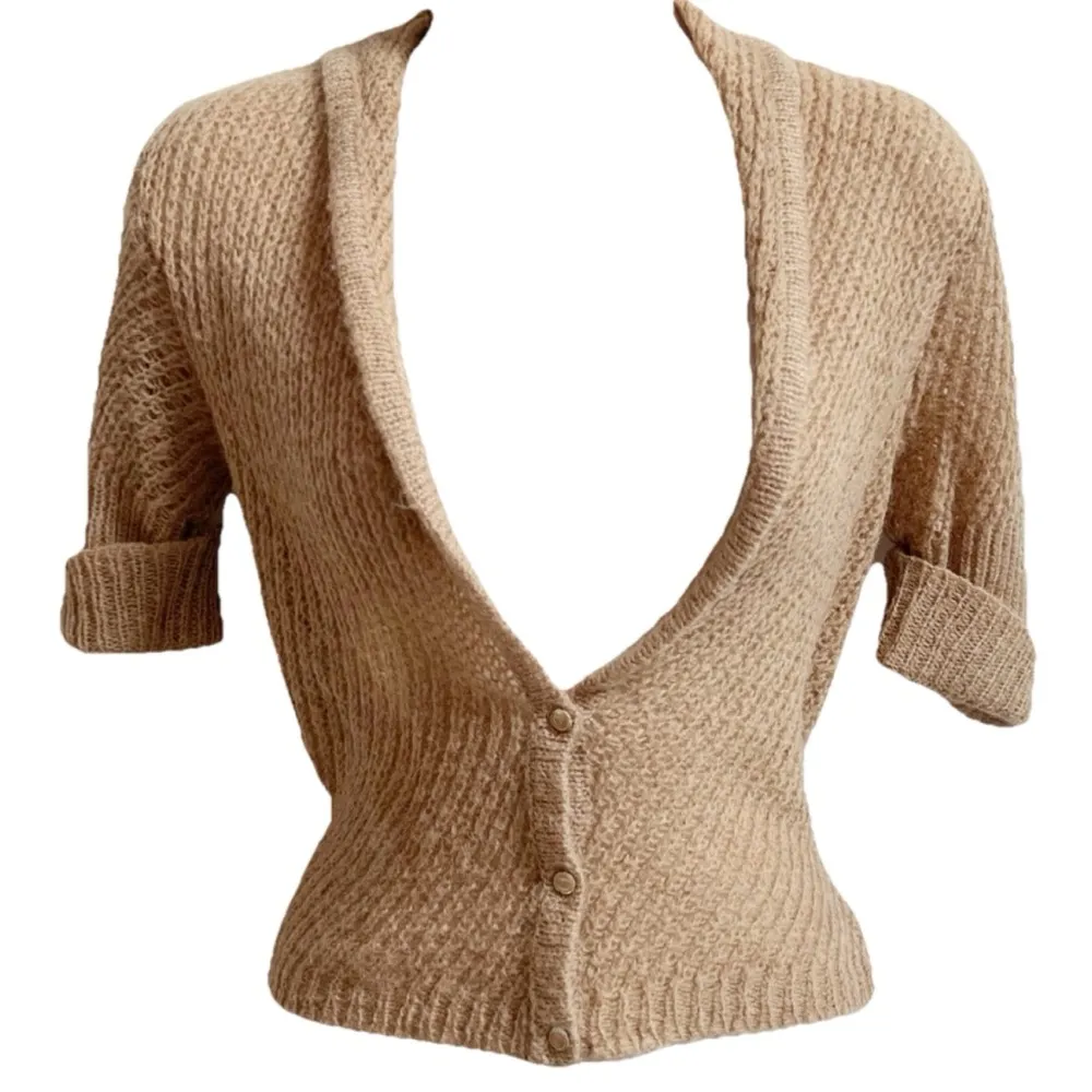 Express Mohair Wool Tan Short Sleeve Cropped Cowl Neck Knit Cardigan Sweater S - Image 2