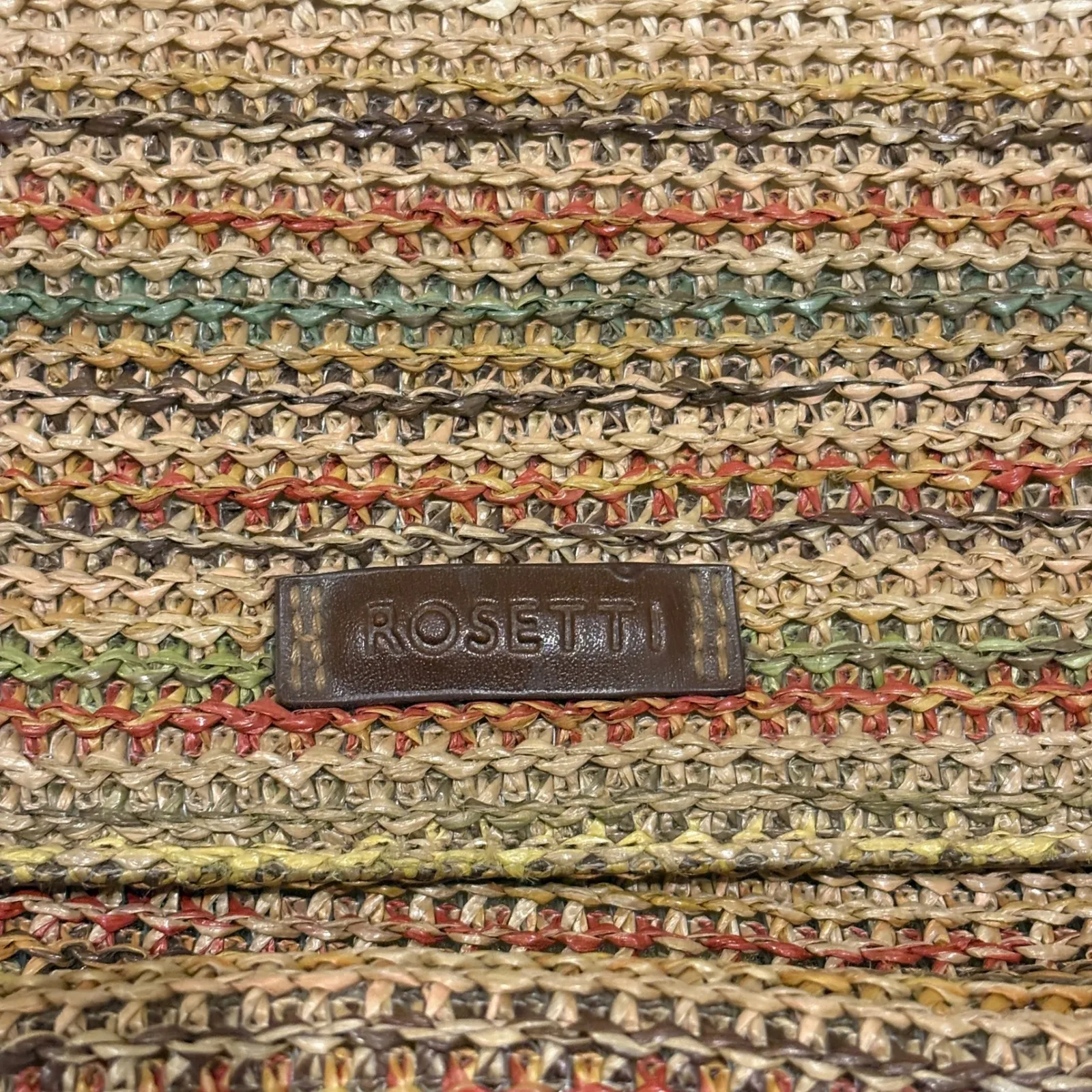 Rosetti Woven Straw Crossbody Bag Multicolor Brown Faux Leather Trim Boho Hippie - Image 3