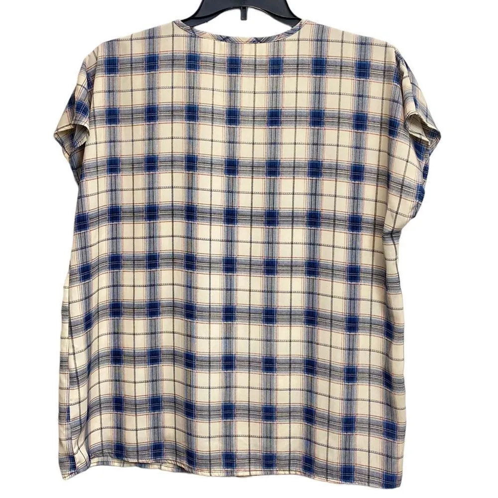 Cotton Bleu Plaid Short Sleeve Top Blouse Boxy Oversized Small - Image 4