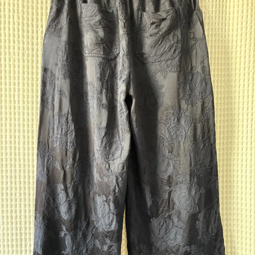 Vince navy blue floral jacquard wide-leg viscose cropped pants women's XS - Image 4