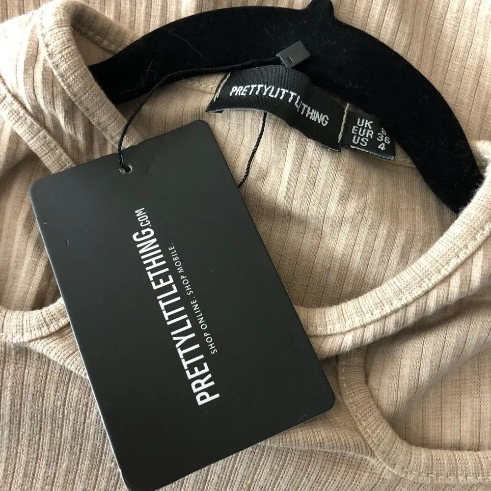 Pretty Little Thing Knit Bodycon Dress Cutouts Ribbed Long Sleeve Beige Size 4 - Image 3