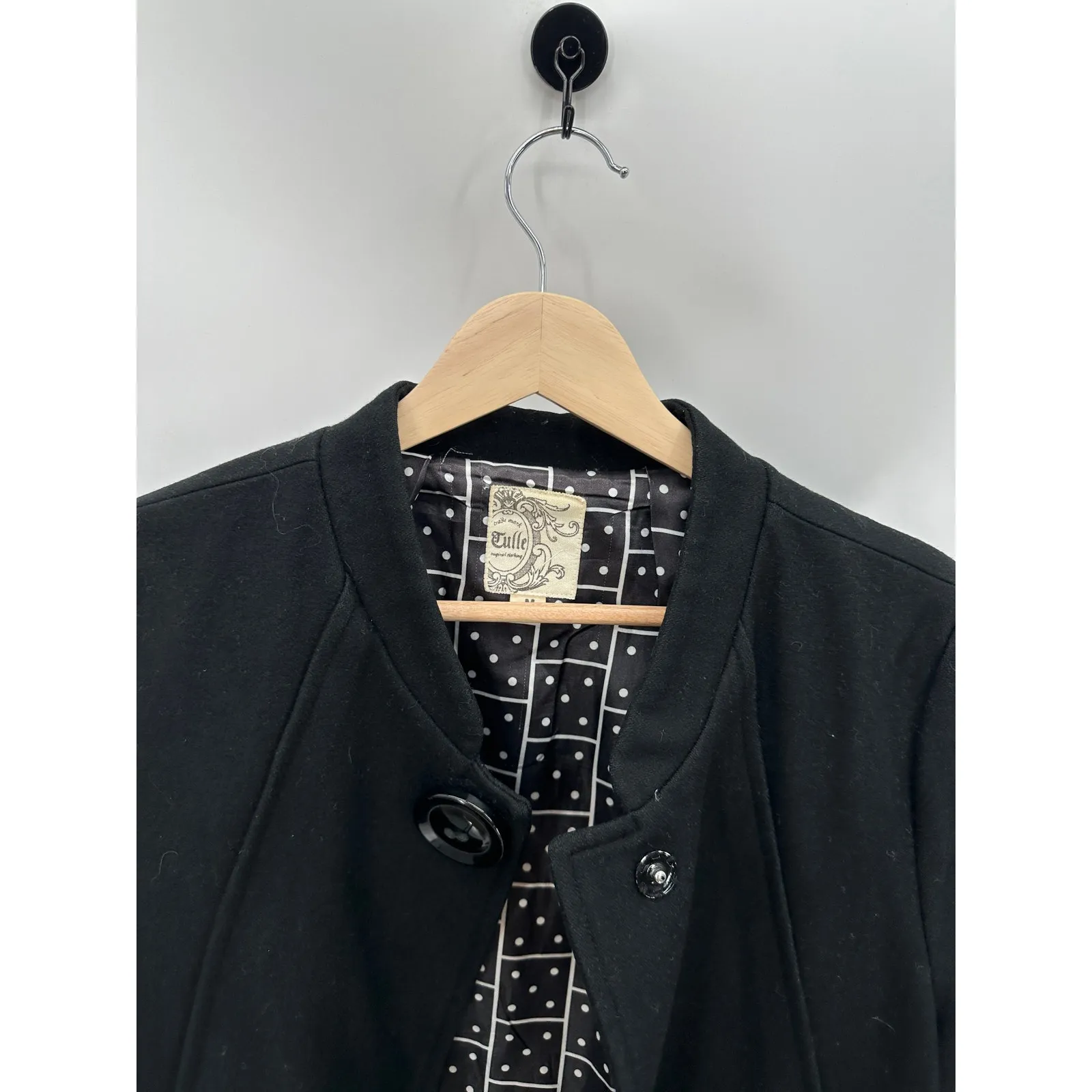 Tulle Jacket Women MEDIUM Black Button Snap Front Long Sleeve Wool Blend - Image 4