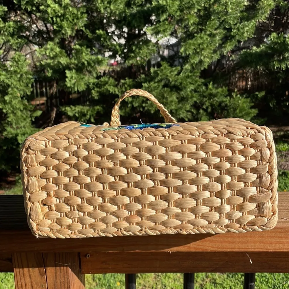 Floral Woven Straw Tote Bag Tan - Image 6